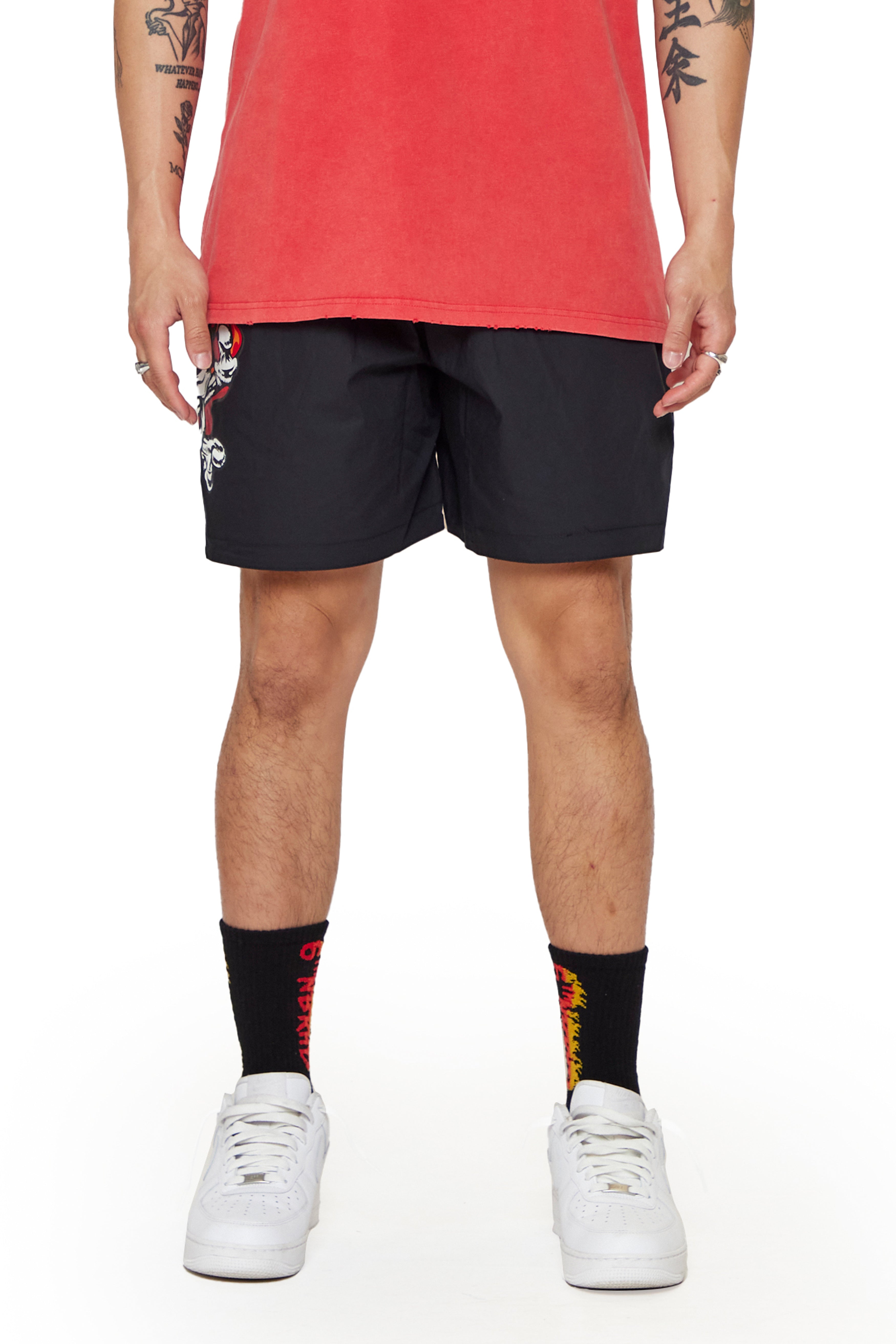 6thNBRHD SHORTS "SKULL FLAME" -BLACK